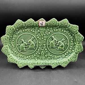 Bordallo Pinheiro Rabbit Green Majolica Bunny Sandwich Platter 13" x 8"